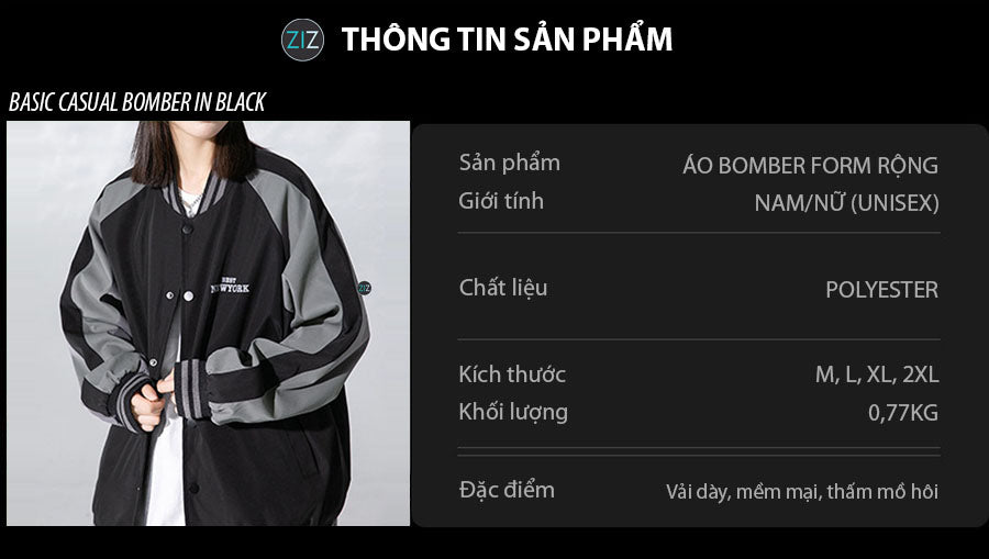 Áo khoác Bomber Nam Nữ form rộng đẹp, chất liệu cao cấp, chống gió, phối màu đen xám, phù hợp phong cách đường phố và casual