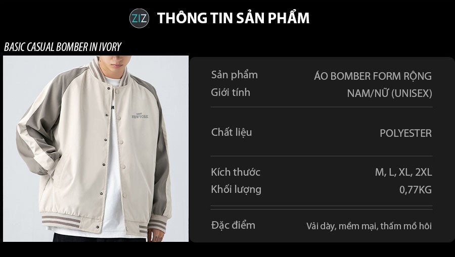 Áo khoác Bomber Nam Nữ form rộng phong cách thể thao hiện đại, bo cổ tay đàn hồi, có cúc bấm, phù hợp đi học dạo phố du lịch