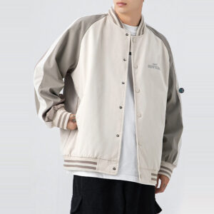 Áo khoác Bomber Nam Nữ form rộng với thiết kế oversize, vải cao cấp mềm mại mặc mát, màu kem phối xám, cổ tay áo bo đàn hồi