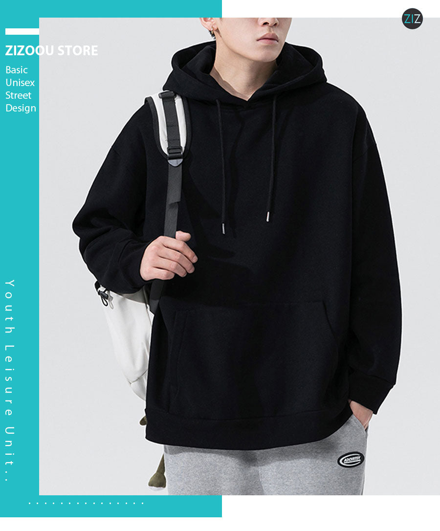 Áo Hoodie màu đen với thiết kế form dáng rộng, mũ trùm và túi trước, dễ phối đồ, phù hợp nam và nữ đi học, đi chơi, đi làm