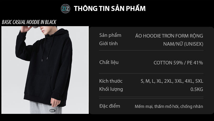 Áo khoác Hoodie Nam Nữ form rộng màu đen trơn, phong cách streetwear, vải nỉ da cá mềm cao cấp, có mũ trùm và túi trước