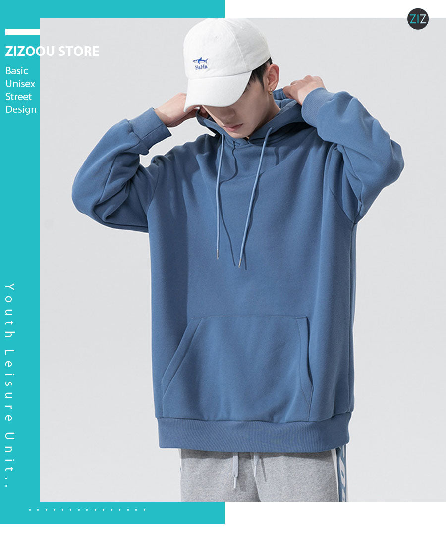 Áo Hoodie màu xanh dương vải nỉ trơn đơn giản, có mũ dây rút và túi lớn phía trước, mang đến phong cách trẻ trung, năng động