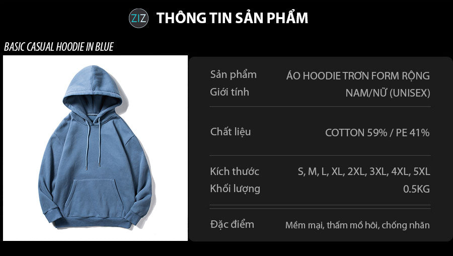 Áo khoác Hoodie Nam Nữ form rộng trơn unisex, vải mềm cao cấp màu xanh dương nhạt, túi trước tiện lợi, dễ dàng kết hợp đồ