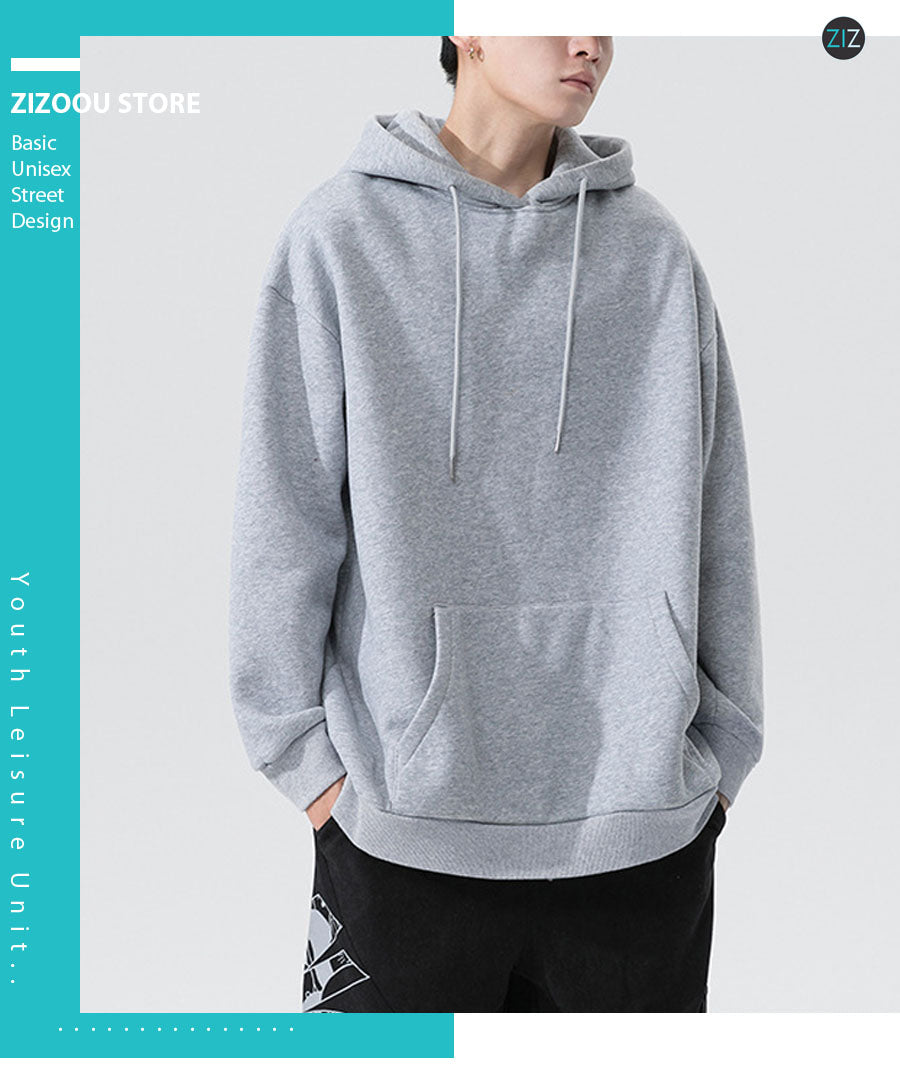 Áo Hoodie màu xám oversize form trơn basic, vải mềm mặc mát quanh năm, thiết kế mũ trùm có dây rút và túi trước tiện dụng