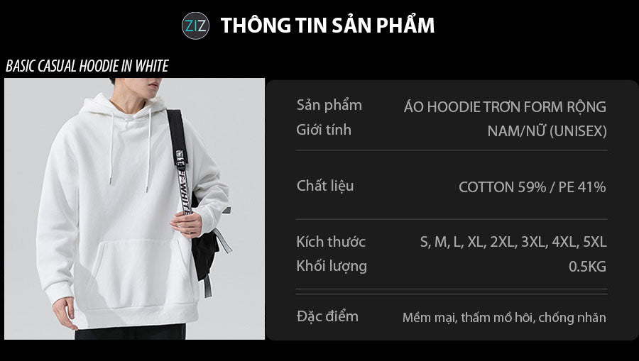 Áo khoác Hoodie Nam Nữ form rộng màu trắng, bo chun cổ tay và gấu áo, túi trước rộng tiện lợi, phù hợp mặc đi chơi, du lịch