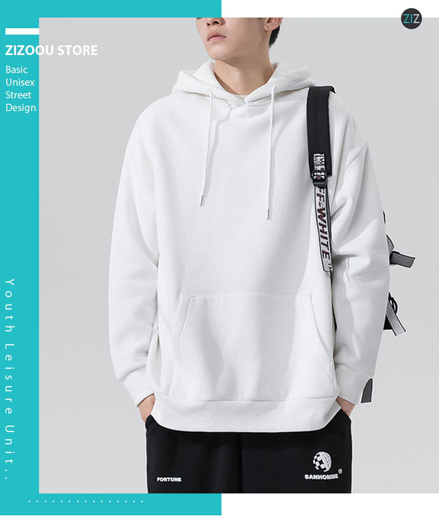 Áo Hoodie màu trắng đơn giản basic suông form rộng thiết kế unisex, có mũ trùm dây rút, thiết kế bo chun ở tay áo và tà áo