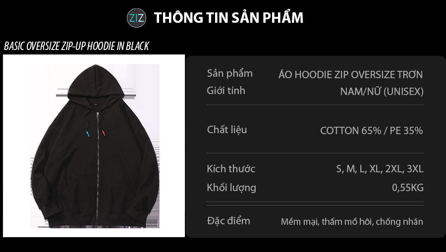 Áo Hoodie Nam Nữ form rộng màu đen, vải nỉ da cá, bo tay và gấu áo, túi rộng phía trước, có mũ trùm với dây rút màu nổi bật