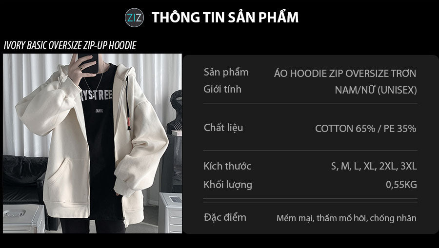 Áo Hoodie Nam Nữ form rộng màu trắng kem, vải nỉ da cá mềm mại, thích hợp cho phong cách casual hoặc streetwear năng động