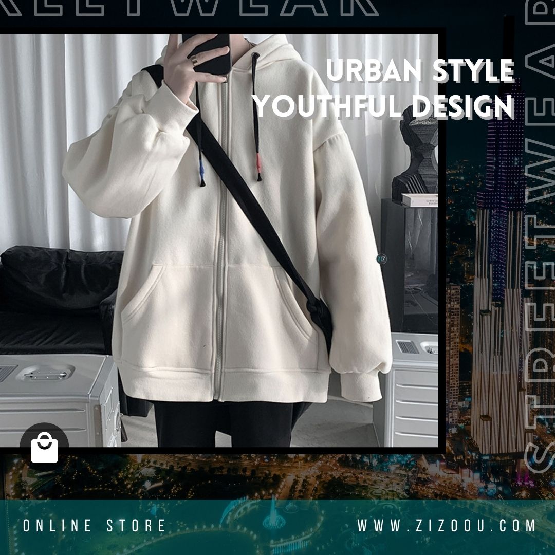 Hoodie đẹp oversize có mũ dây rút, khóa kéo và túi lớn, đem lại vẻ ngoài trẻ trung và phong cách khi đi học, đi làm, du lịch