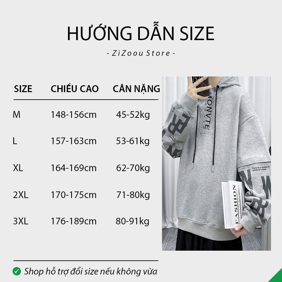 Hướng dẫn chọn size áo hoodie Nam Nữ, màu xám có mũ và dây rút, chất liệu vải mềm mịn, kiểu dáng oversized, in chữ độc đáo