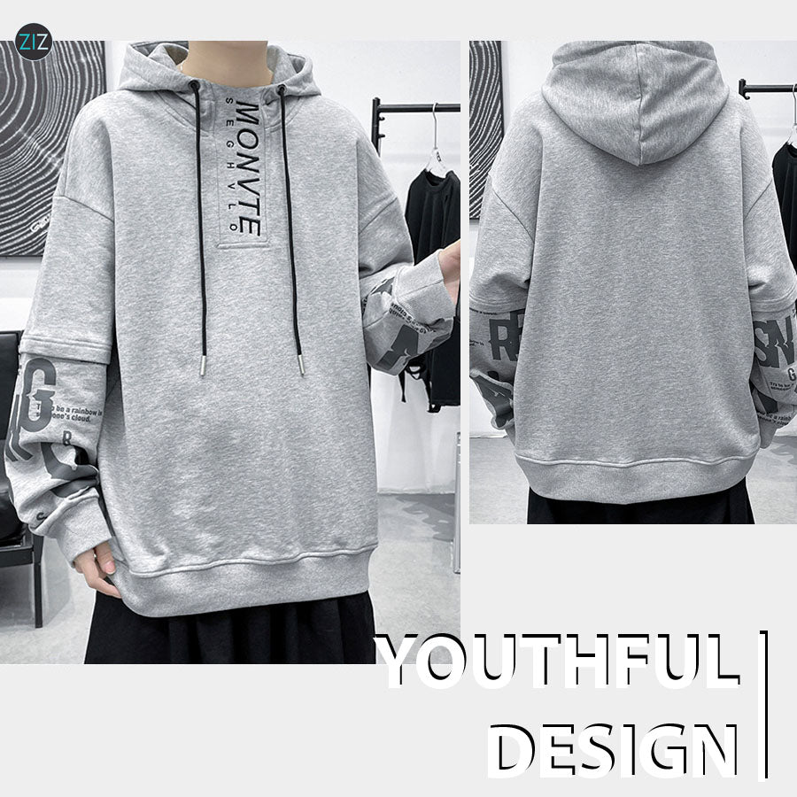 Áo hoodie kiểu dáng oversized, màu xám nhạt, vải cotton, in họa tiết chữ tinh tế, hợp với bạn trẻ thích thời trang đường phố