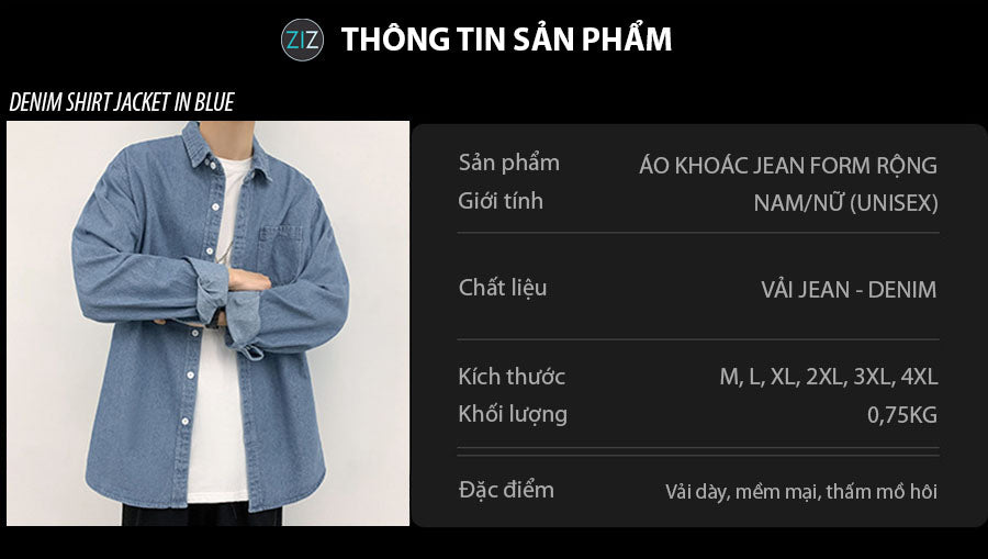 Áo khoác Denim Nam Nữ dáng rộng, thiết kế basic đơn giản dễ phối đồ, màu xanh thanh lịch, phong cách thời trang Hàn Quốc