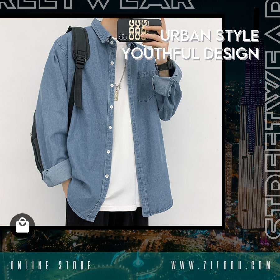 Thiết kế áo sơ mi denim xanh unisex, chất liệu bền bỉ chắc chắn, tay dài thoải mái, dễ phối đồ mang đi học, dạo phố, đi làm