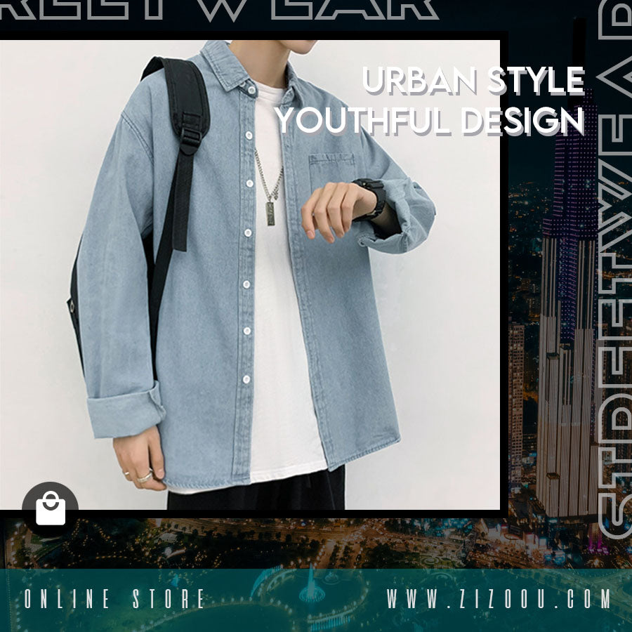 Áo khoác jean oversize xanh nhạt, phong cách casual trẻ trung và streetwear cá tính, có túi phía trước, dễ kết hợp phối đồ