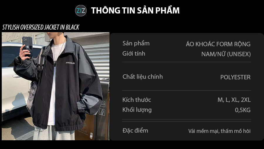 Áo khoác Jacket form rộng đen viền xám cá tính, phong cách unisex thời trang đường phố hợp cả nam và nữ, vải dù chống gió