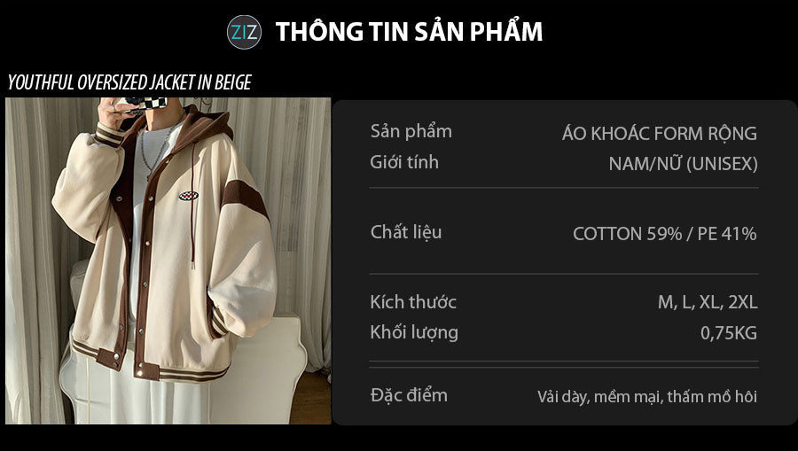 Áo khoác Nam Nữ cao cấp trắng be phối nâu với mũ liền, viền tay sọc trắng, form rộng trẻ trung, phong cách streetwear chất