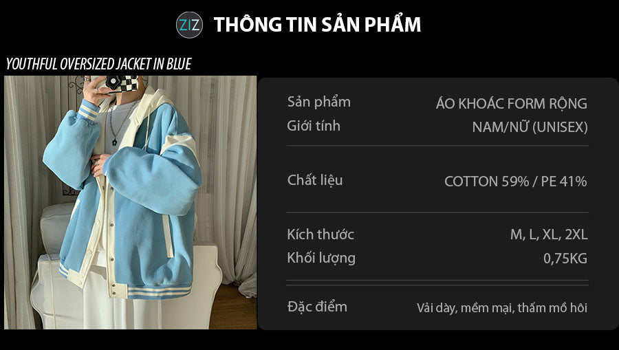 Áo khoác Nam Nữ cá tính oversize xanh trắng, có mũ và túi hai bên, thiết kế đường kẻ cổ tay tạo điểm nhấn, phù hợp thu đông