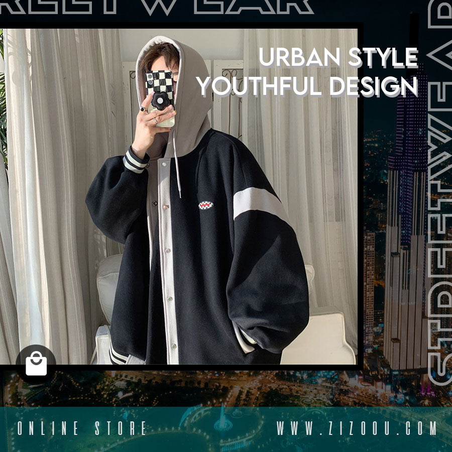 Áo khoác Hàn Quốc với thiết kế đen trắng phong cách đường phố năng động, mũ trùm đầu cá tính, thích hợp cho mùa thu đông