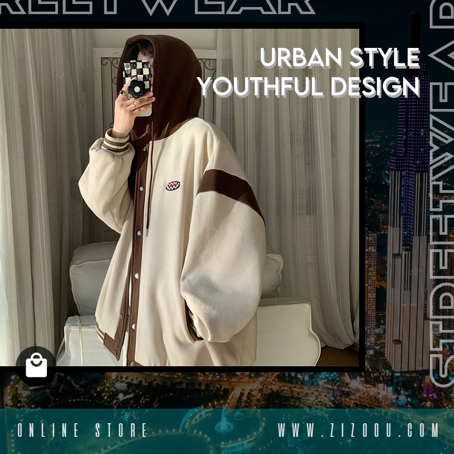 Áo khoác Nam Nữ đẹp form rộng màu be nâu, mũ liền và khuy bấm, viền sọc trẻ trung, vải nỉ dày dặn cao cấp chống lạnh giữ ấm