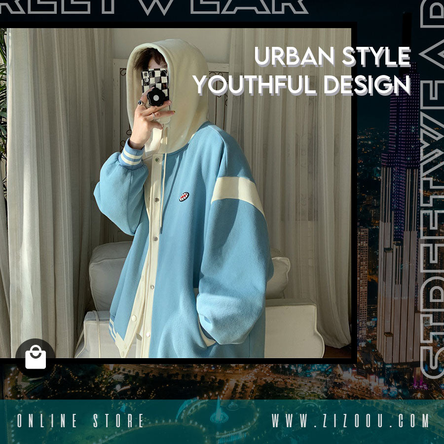 Áo gió Nam Nữ cao cấp form rộng phong cách streetwear thời trang Hàn Quốc, màu xanh trắng cá tính, có nón trùm và nút bấm