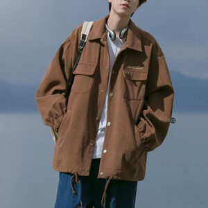 Áo khoác Nam Nữ Jacket sơ mi màu nâu đất, phong cách oversized thoải mái, có túi trước và dây rút điều chỉnh tạo nét độc đáo