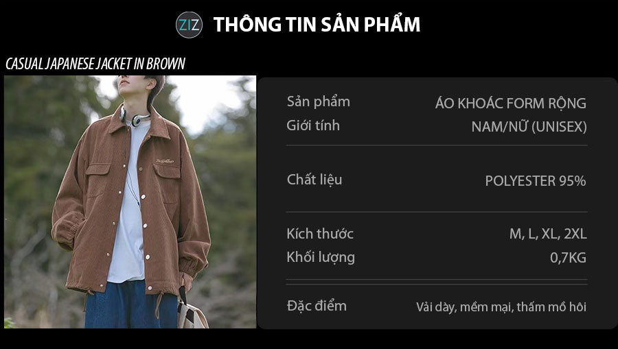 Áo khoác Nam Nữ Jacket nâu cổ điển, kiểu oversize với túi trước tiện dụng, phù hợp dạo phố, đi chơi, phối đồ đa phong cách