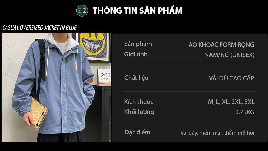 Áo khoác Jacket Nam Nữ cao cấp oversize chống gió màu xanh pastel với mũ trùm đầu, phong cách thời trang trẻ trung hiện đại