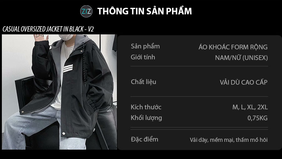 Áo khoác Hàn Quốc nam nữ dáng rộng, phối mũ trùm, khóa kéo chắc chắn, màu đen dễ phối đồ, thích hợp đi học, đi làm, du lịch