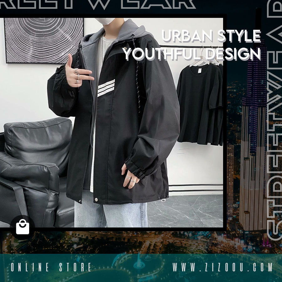 Áo khoác oversize phong cách Hàn Quốc trẻ trung, màu đen phối sọc trắng, có mũ đi kèm, khóa kéo tiện lợi, vải dù chống gió