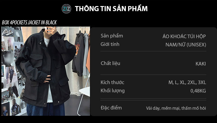 Áo khoác Nam Nữ cá tính oversize màu đen, có 4 túi phía trước áo, mặc đi chơi, dạo phố, du lịch, đi phượt, đi làm, đi học
