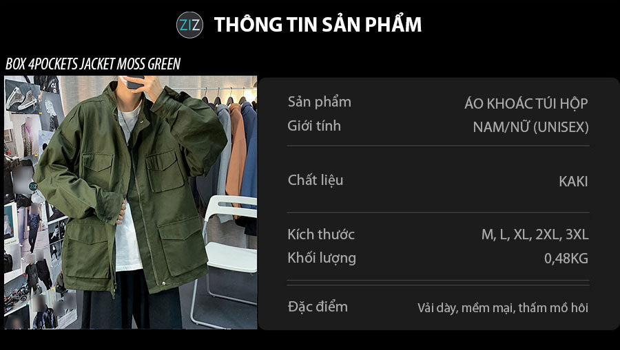 Áo Jacket Nam Nữ thiết kế multibox tinh tế với cổ đứng và màu xanh rêu, mang đến vẻ ngoài mạnh mẽ và phong cách cả nam và nữ