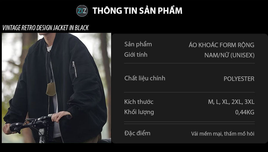 Áo Jacket form rộng Nam Nữ unisex đen, thiết kế tối giản trơn suông, dễ dàng phối đồ, thích hợp cho các outfit mùa thu đông