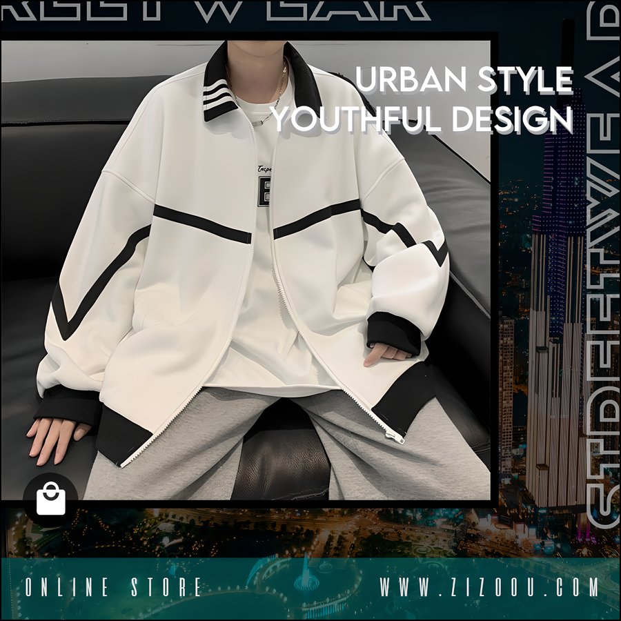 Áo khoác trắng unisex oversized, vải nỉ chân cua mềm mịn, đường viền sọc đen độc đáo, dễ kết hợp với quần jogger và áo thun