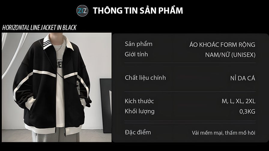 Áo khoác Nam Nữ form rộng đẹp màu đen phối kẻ trắng hiện đại, cổ gập linh hoạt, khóa kéo tiện lợi, mặc đi chơi và đi học