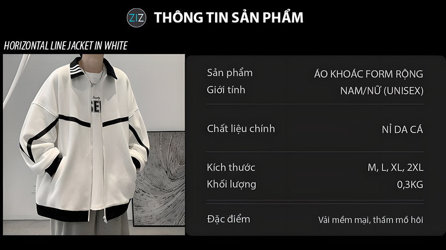 Áo khoác form rộng oversize phong cách streetwear, đường viền đen trên nền trắng, dễ phối đồ với quần jogger, mặc đi chơi