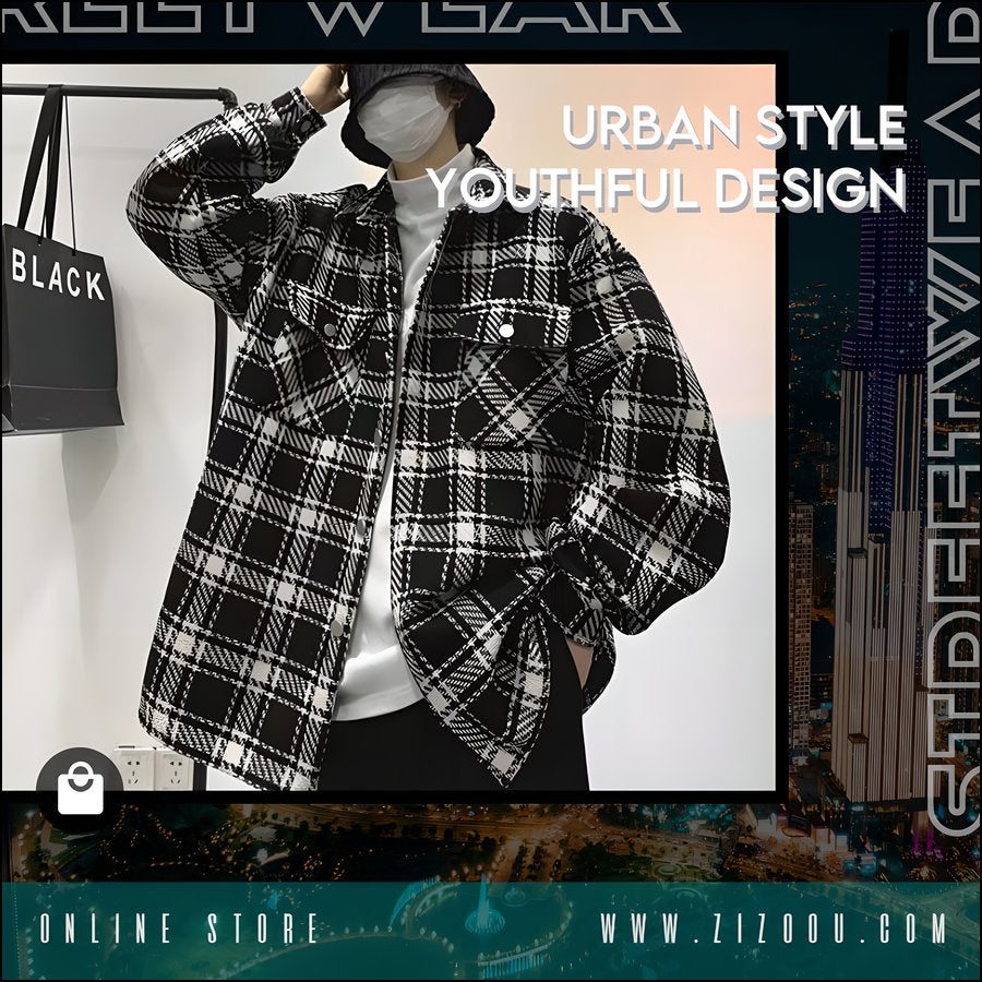 Áo khoác sơ mi kẻ sọc caro đen trắng oversize, phong cách unisex, vải cotton cao cấp, thiết kế túi tiện lợi, dễ kết hợp đồ