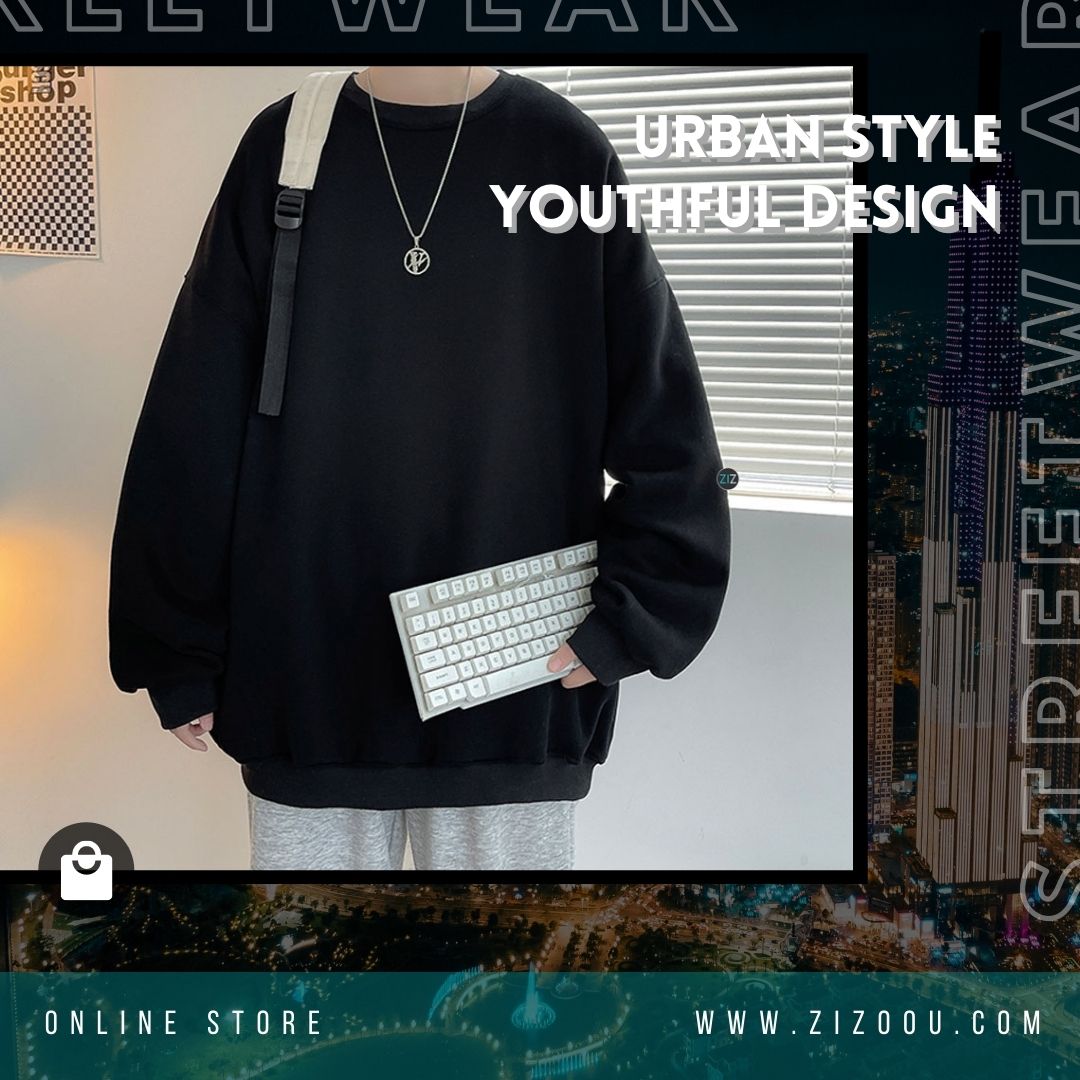 Áo Sweater form rộng unisex đen trơn, vải nỉ chân cua mềm mại, cổ tròn dài tay thùng thình, mặc đi chơi, đi học, du lịch