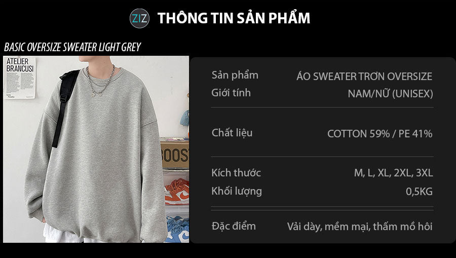 Áo khoác Sweater Nam Nữ unisex màu xám, thiết kế rộng rãi, phù hợp mặc theo phong cách streetwear hoặc thời trang tối giản