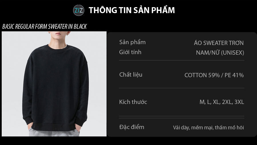 Áo sweater nam nữ đen cổ tròn, phom rộng, chất vải nỉ da cá mềm mại, phối hợp linh hoạt mang phong cách casual năng động