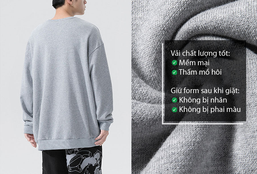 Áo sweatshirt unisex, dáng rộng thoải mái, thiết kế basic không họa tiết, dễ phối đồ cho mọi phong cách streetwear và casual