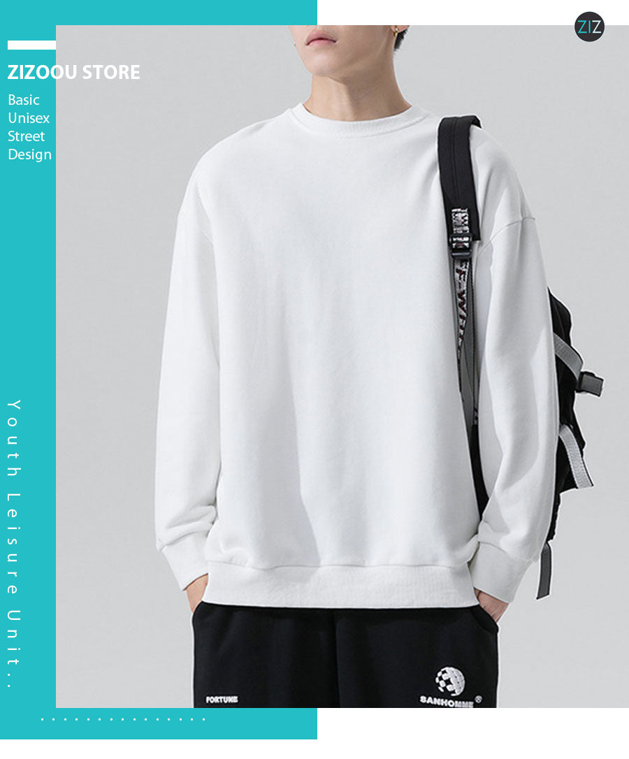 Áo sweater trơn basic màu trắng phong cách tối giản, dáng rộng thoải mái, vải mềm, phù hợp thời trang casual hoặc streetwear