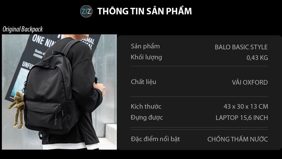 Balo basic màu đen, thiết kế vừa vặn đựng laptop, chất liệu vải bền bỉ, phù hợp để đi học, đi làm, có thêm phụ kiện móc khóa