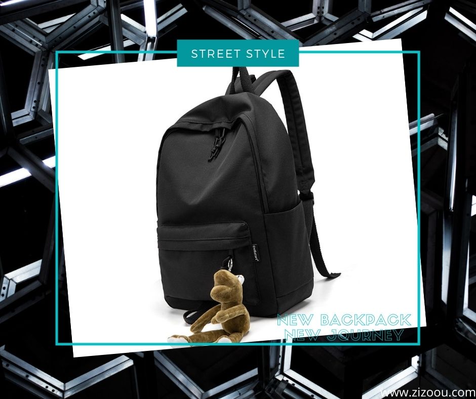 Balo màu đen chất liệu vải cao cấp, chống thấm nước nhẹ, đựng máy tính laptop 14 inch, phụ kiện móc khóa thú bông dễ thương