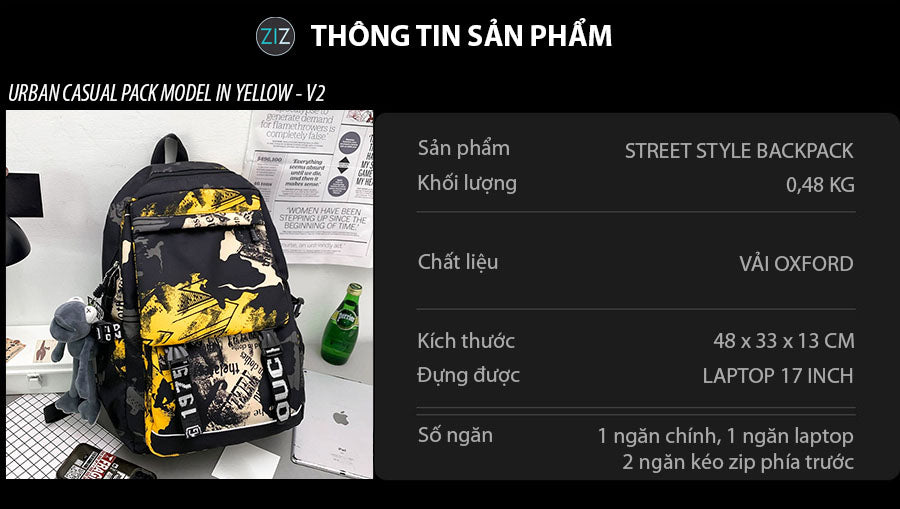 Balo nam nữ màu đen-vàng-trắng với thiết kế ngăn chứa rộng rãi, dây đeo êm, họa tiết cá tính, phong cách trẻ trung hiện đại