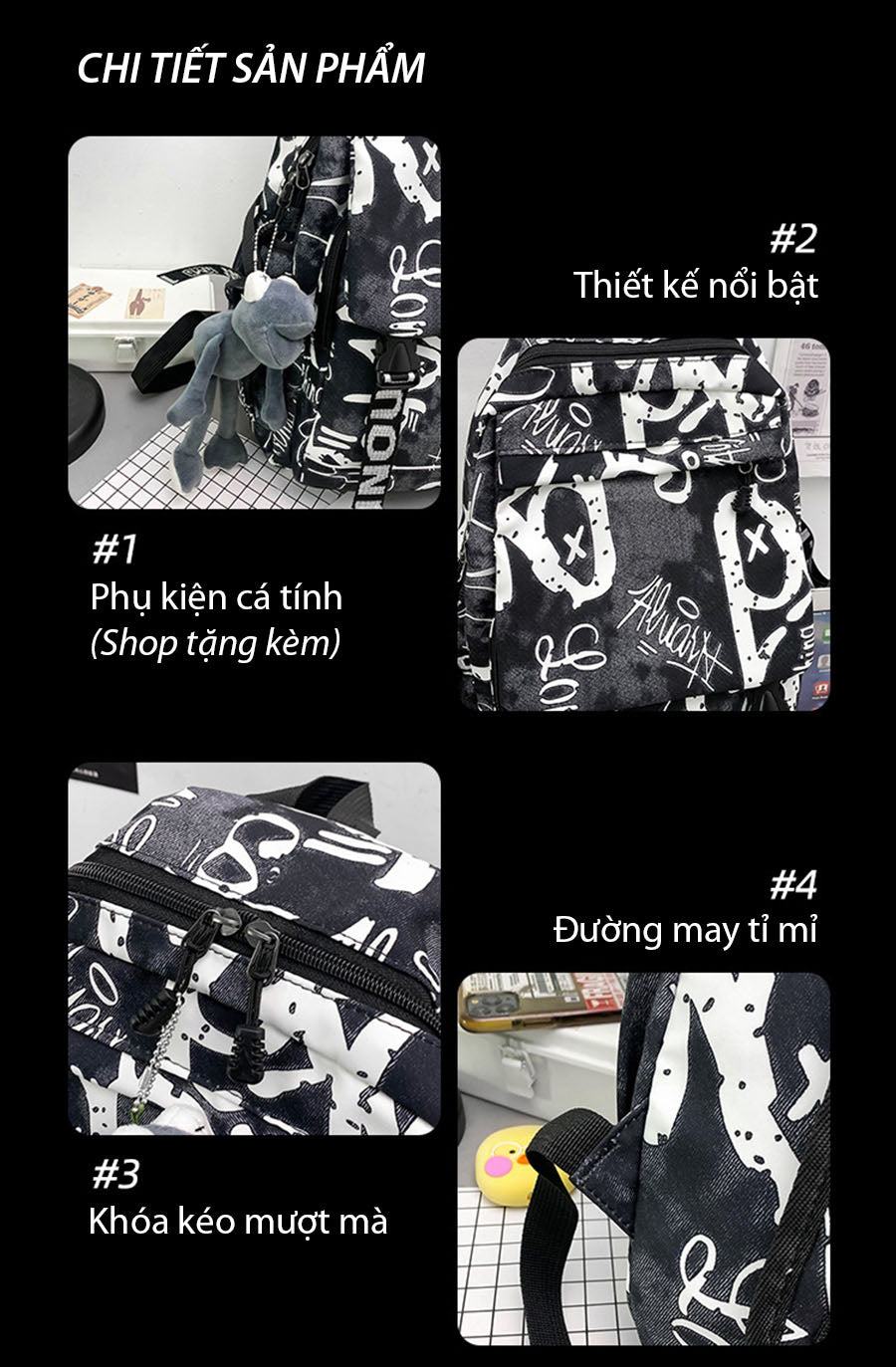 Thiết kế balo cá tính, họa tiết camo phối màu ấn tượng, dây đeo êm ái, ngăn chứa thông minh, khóa kéo mượt mà, may chắc chắn