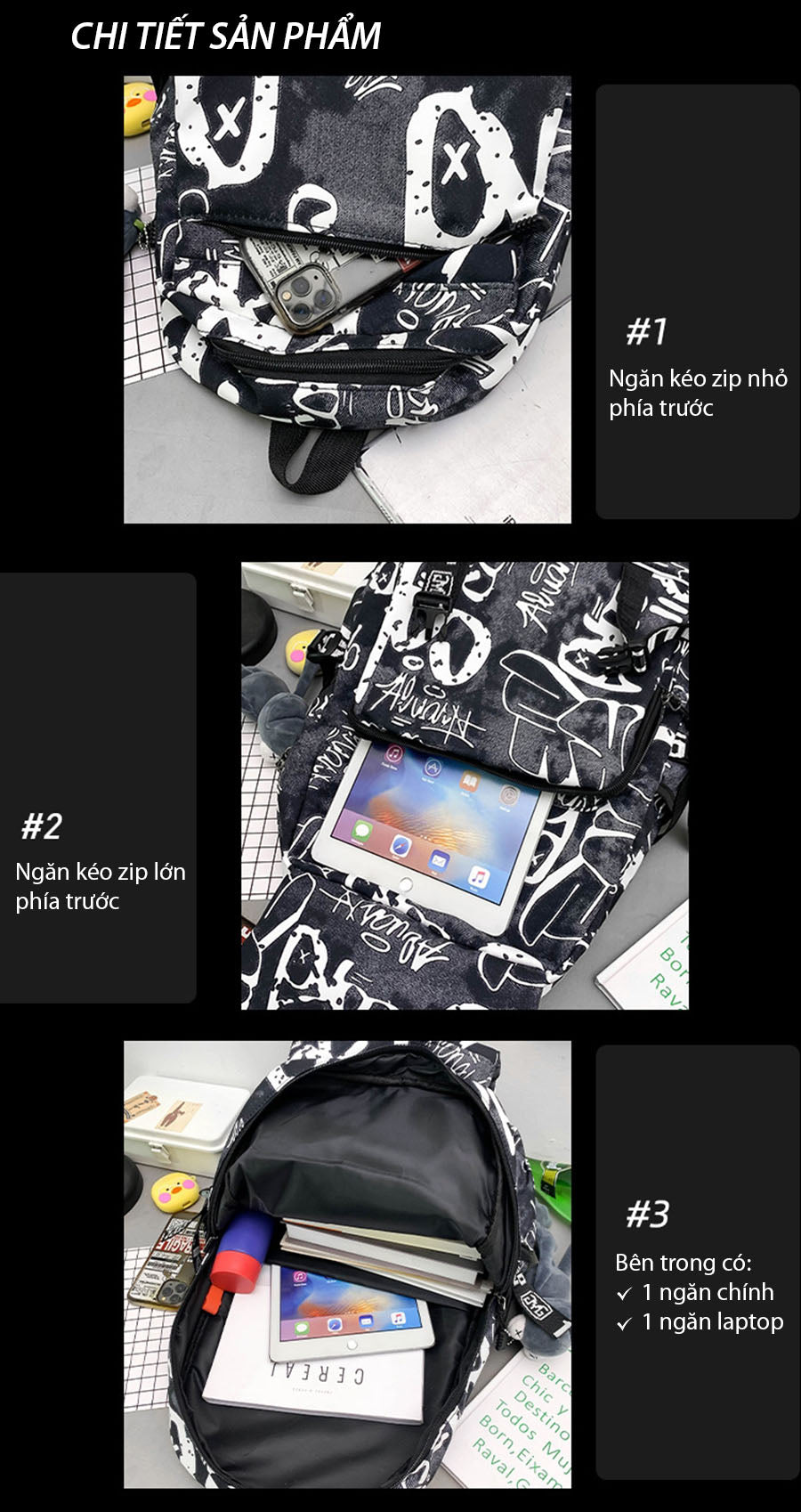 Cặp đi học có nhiều ngăn đựng đồ, có ngăn đựng laptop riêng, thiết kế thời trang Hàn Quốc cá tính, họa tiết streetwear