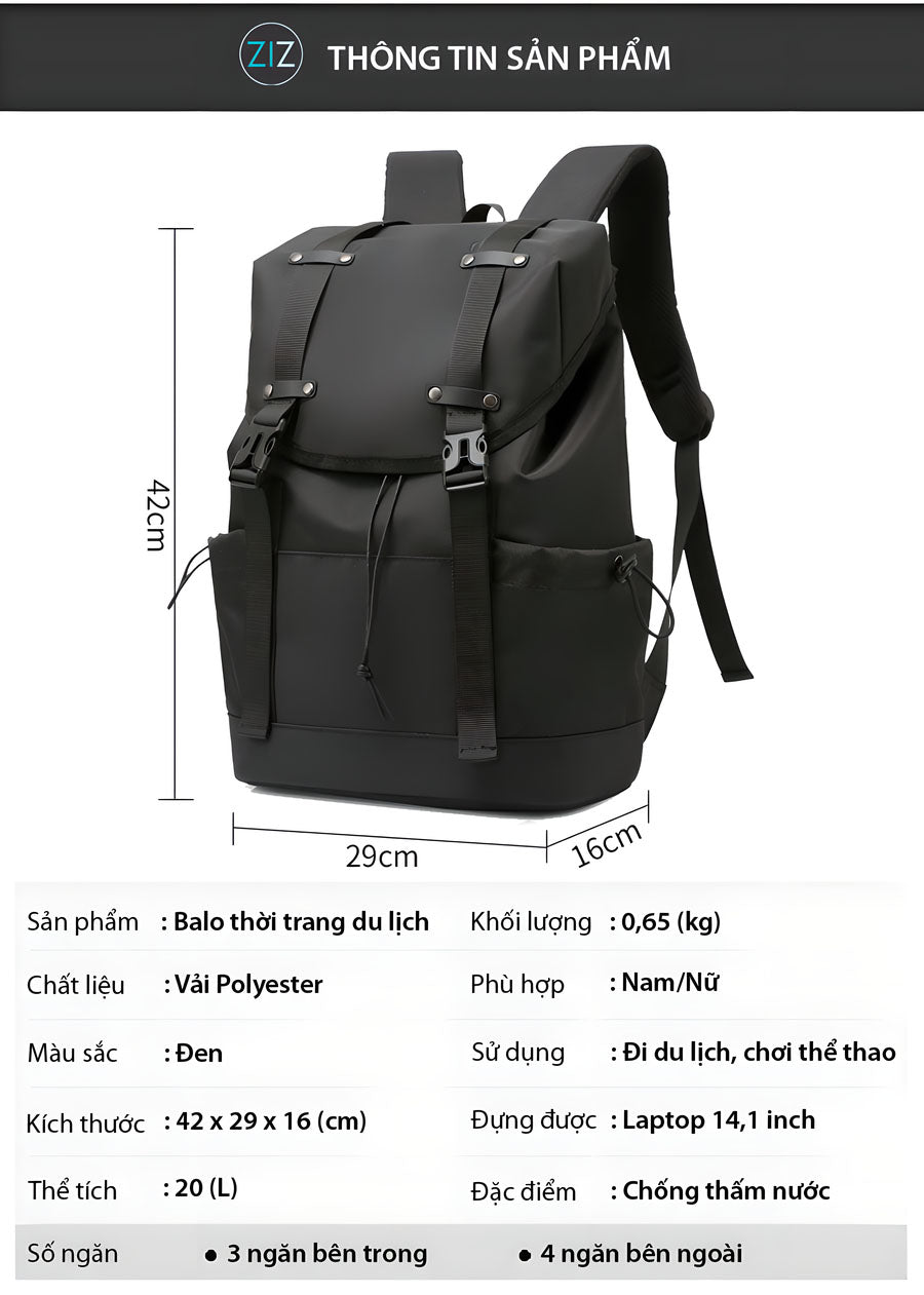 Balo chống thấm bền chắc, phong cách streetwear cá tính, có ngăn phụ bên ngoài tiện lợi, phù hợp cho công việc và đi học