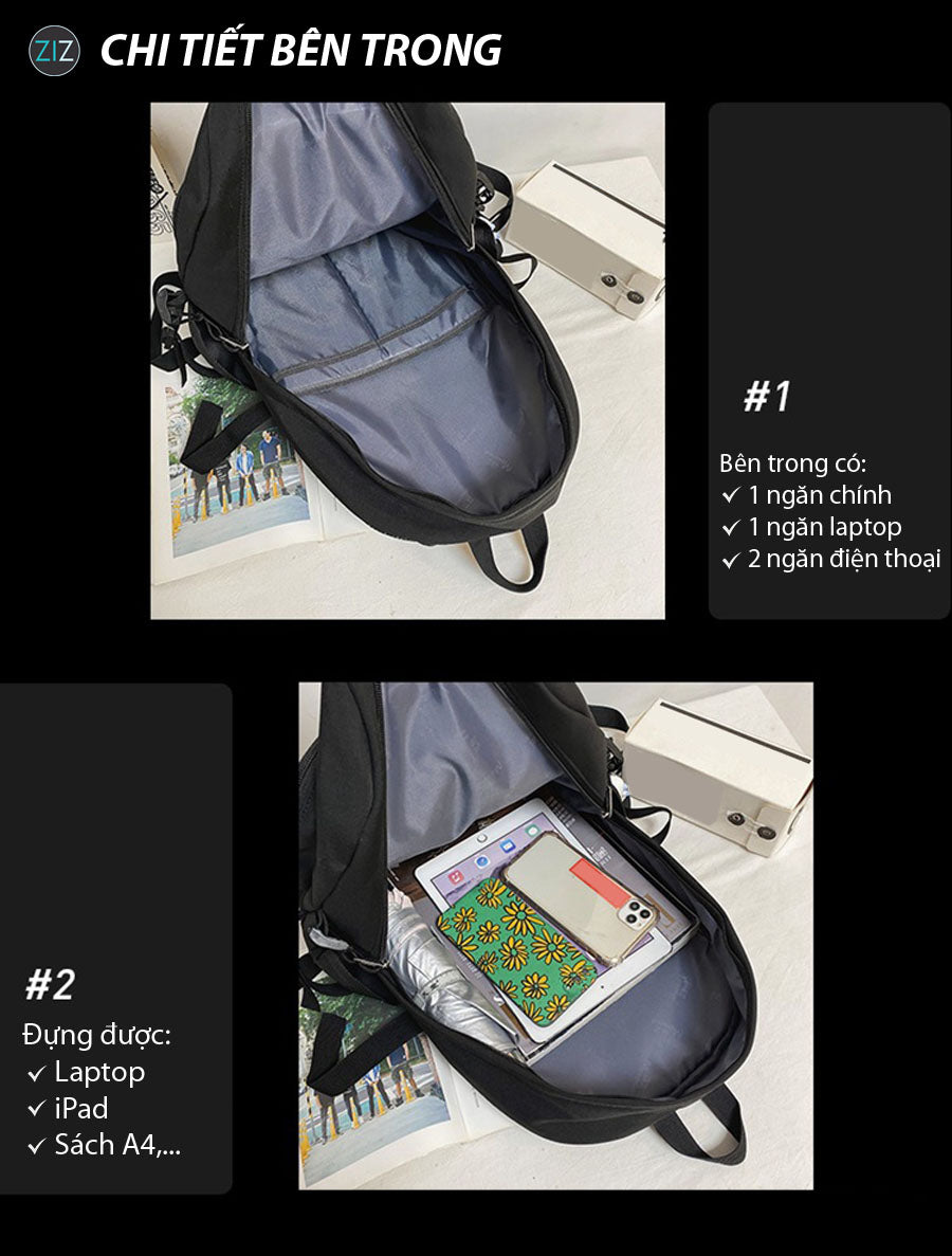 Thiết kế Balo nam nữ đẹp thời trang, cặp màu đen với ngăn chính rộng rãi đựng laptop, phù hợp để đi học, du lịch, đi làm