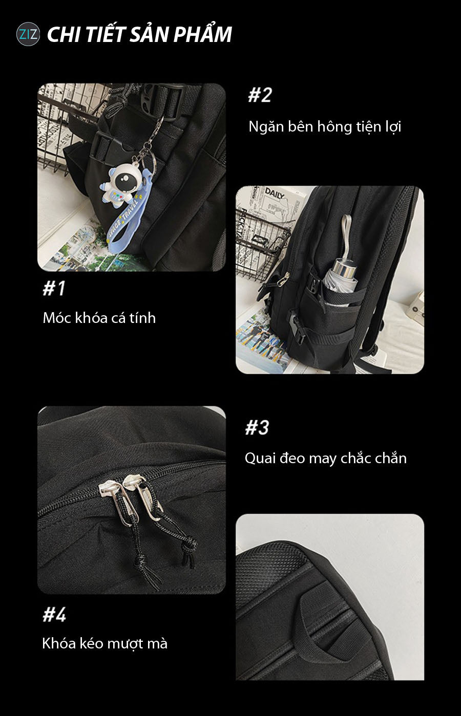 Balo Hàn Quốc trang trí huy hiệu phi hành gia, ngăn chứa rộng, có ngăn để chai nước, dây đeo êm chắc chắn, khóa kéo mượt mà