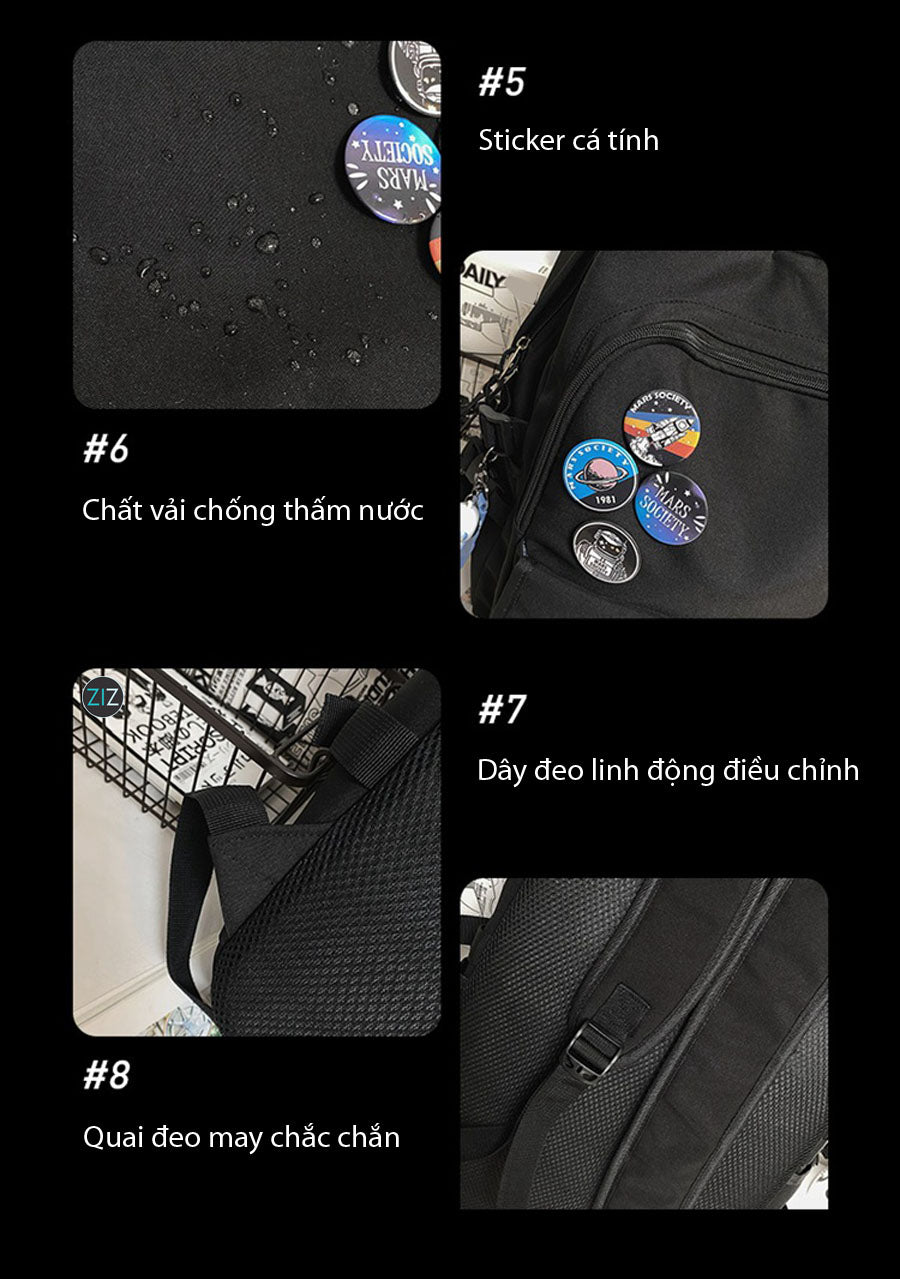 Thiết kế ba lô đi học với huy hiệu phi hành gia, ngăn lớn, dây đeo êm, có miếng đệm sau lưng balo, vải chống thấm nước nhẹ